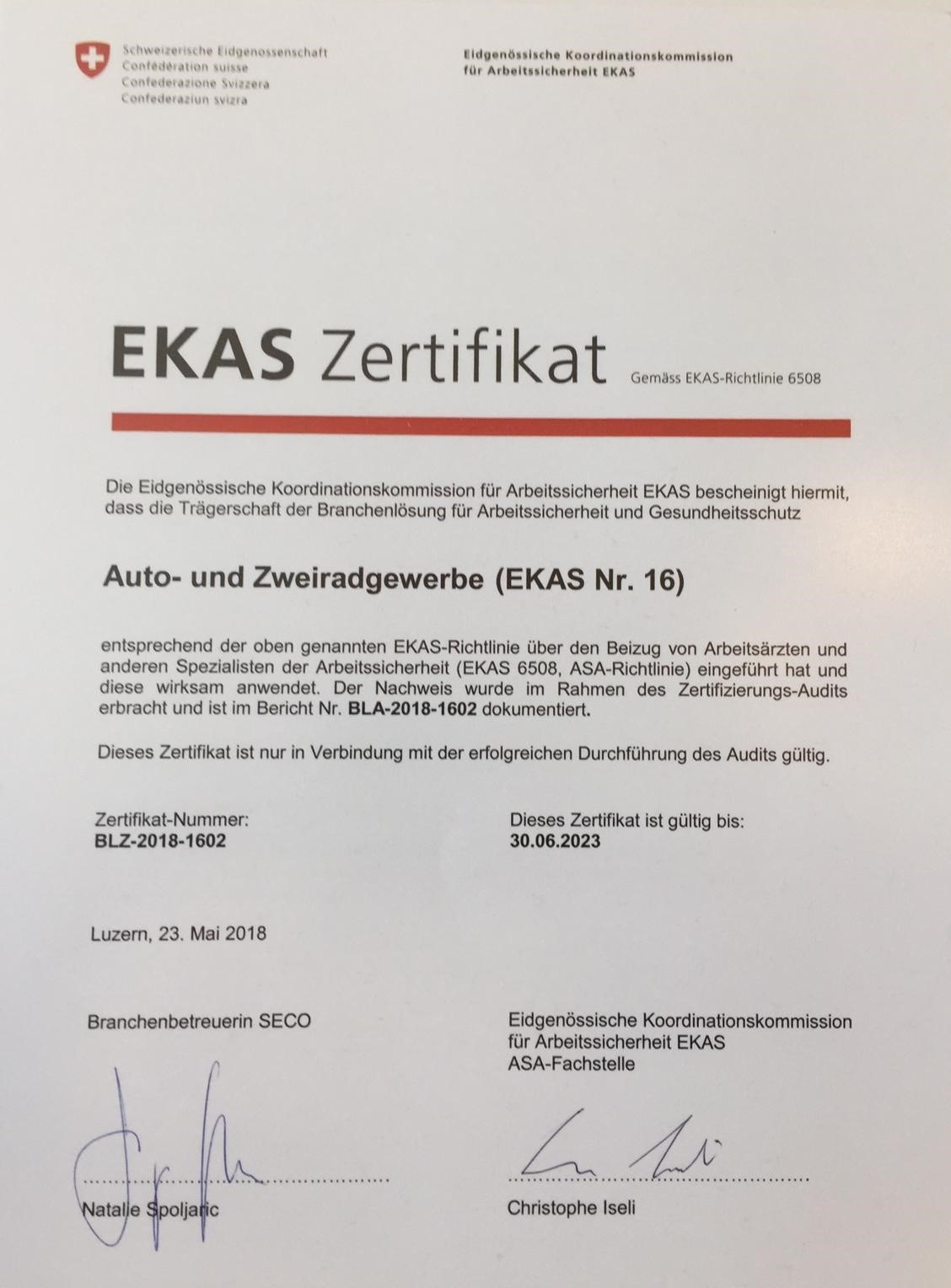 EKAS Zertifikat